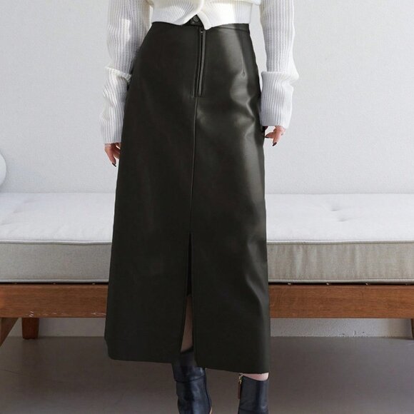 High Waist Split Hem PU Skirt - Picture 3 of 5